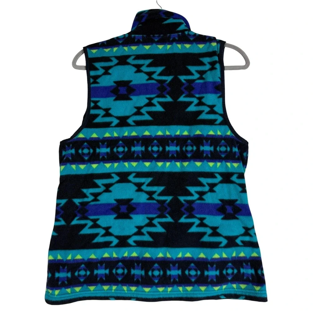Chaps Vest Women Large Blue Teal Fleece Full Zip Southwestern Tribal Aztec Print